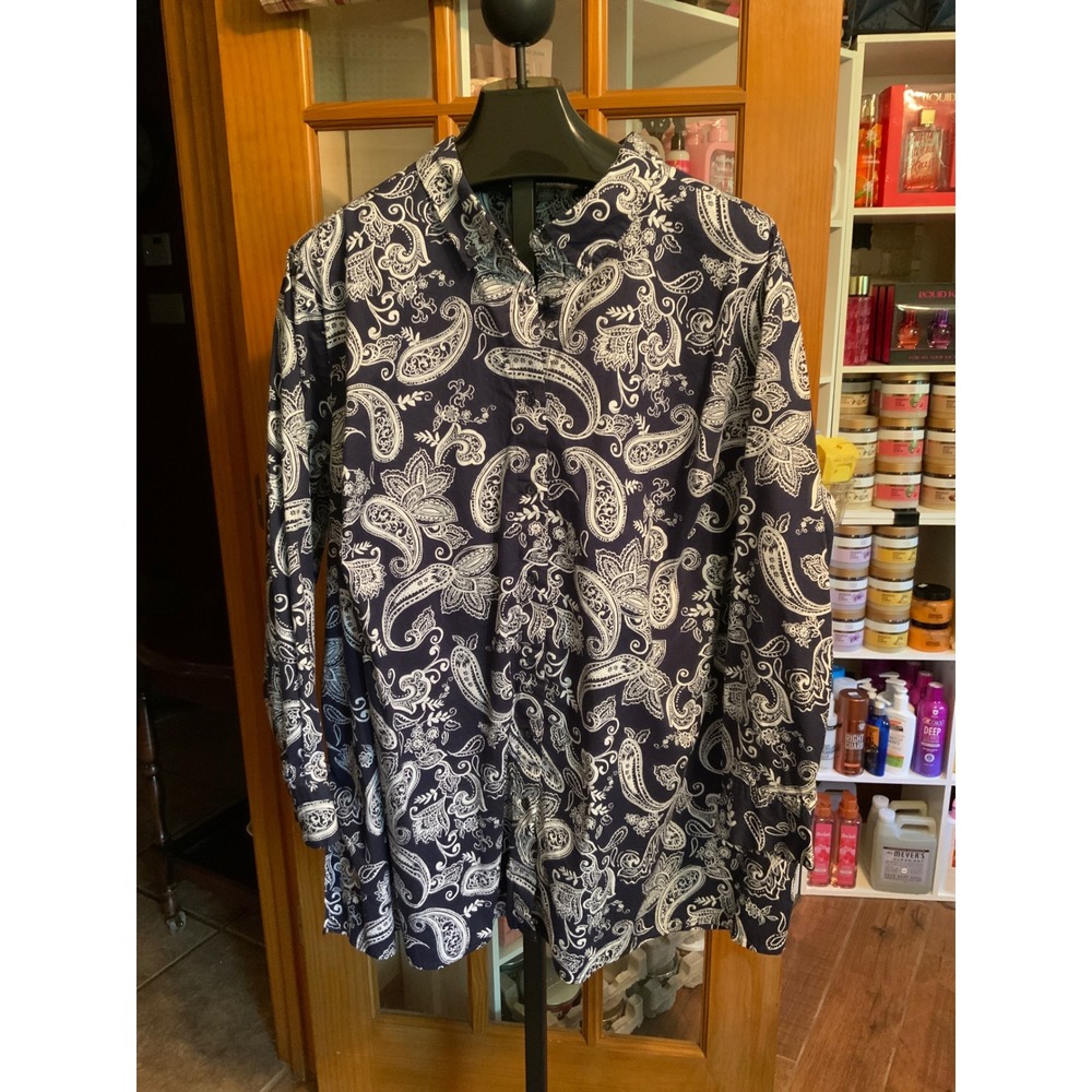 Jessica London NavyWhite Paisley Button Down Tunic Top Plus Size 32W Long Sleeve